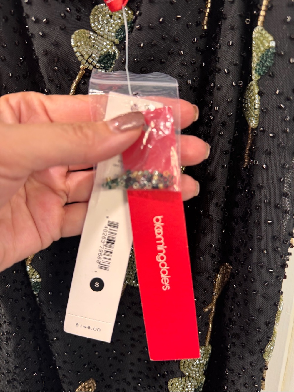Bloomingdale's Black Beaded Mini Dress with Green and Gold Embroidery - Picture 6 of 7